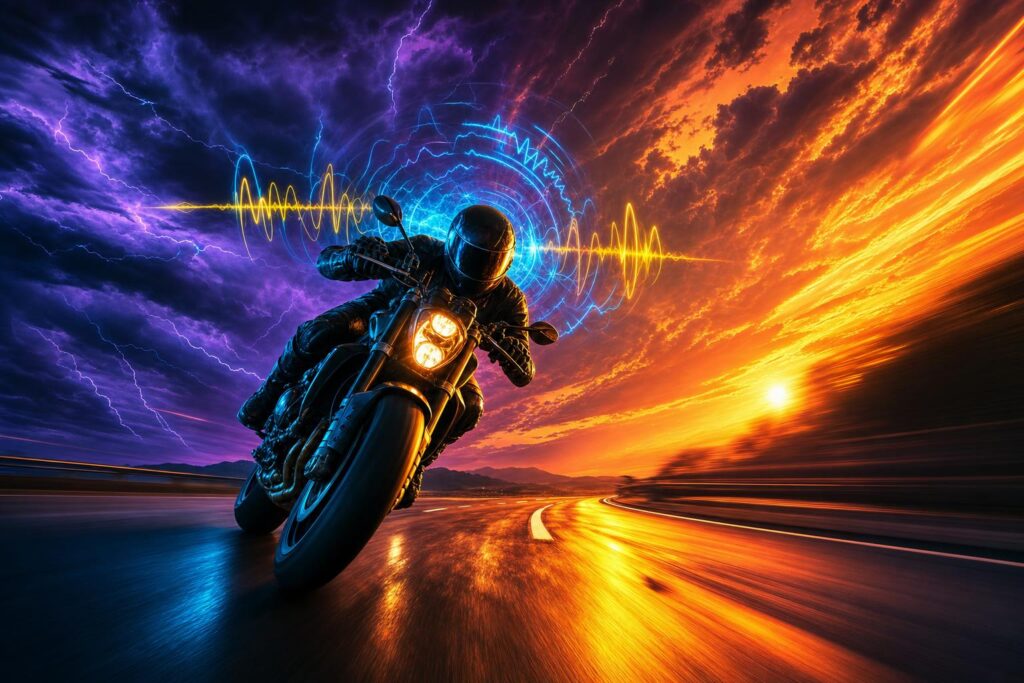 Motorcyclist riding at dusk with sound waves and music pulsing from helmet