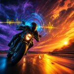 Motorcyclist riding at dusk with sound waves and music pulsing from helmet