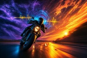 Motorcyclist riding at dusk with sound waves and music pulsing from helmet