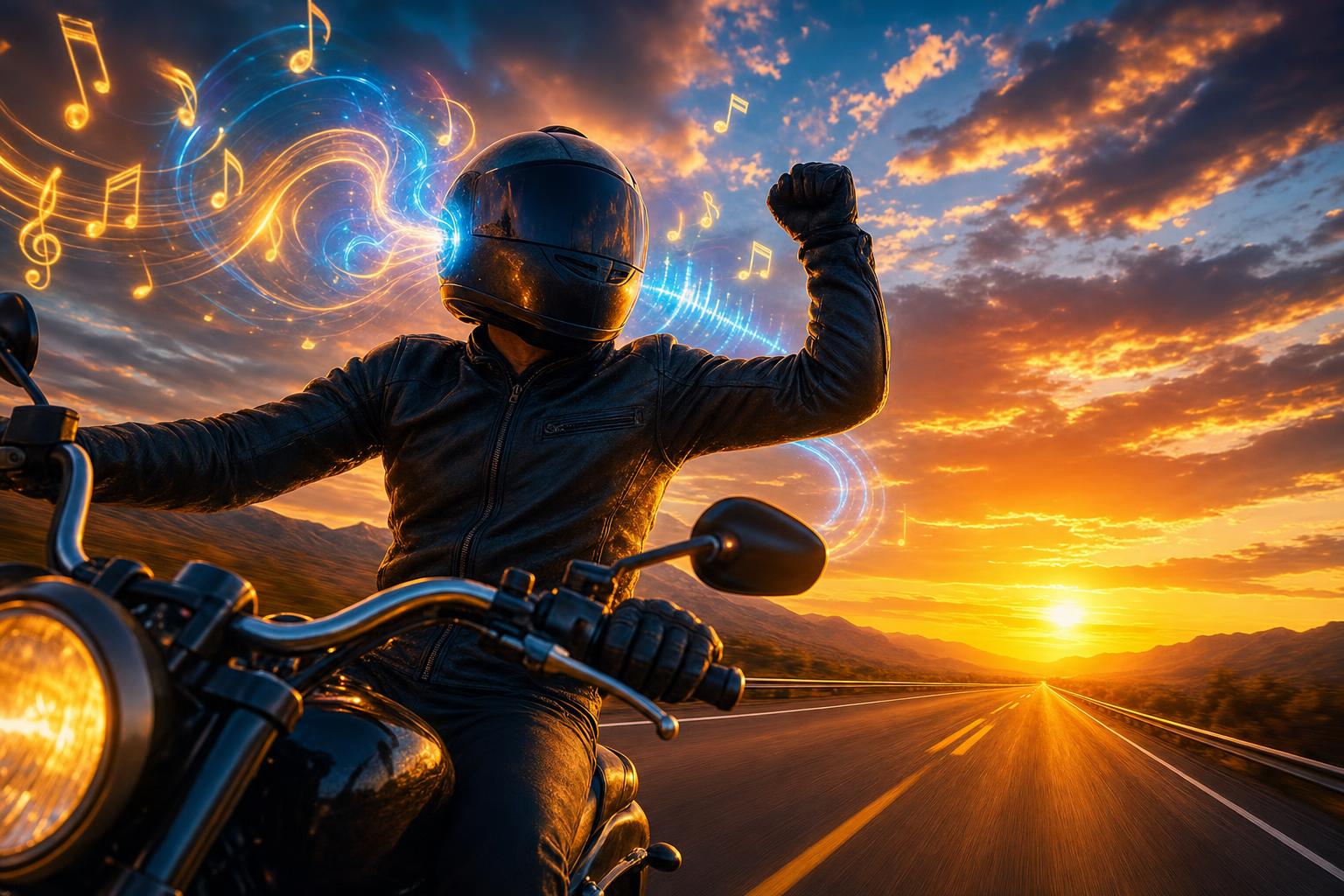 Motorcyclist enjoying music while riding, sound waves flowing around helmet