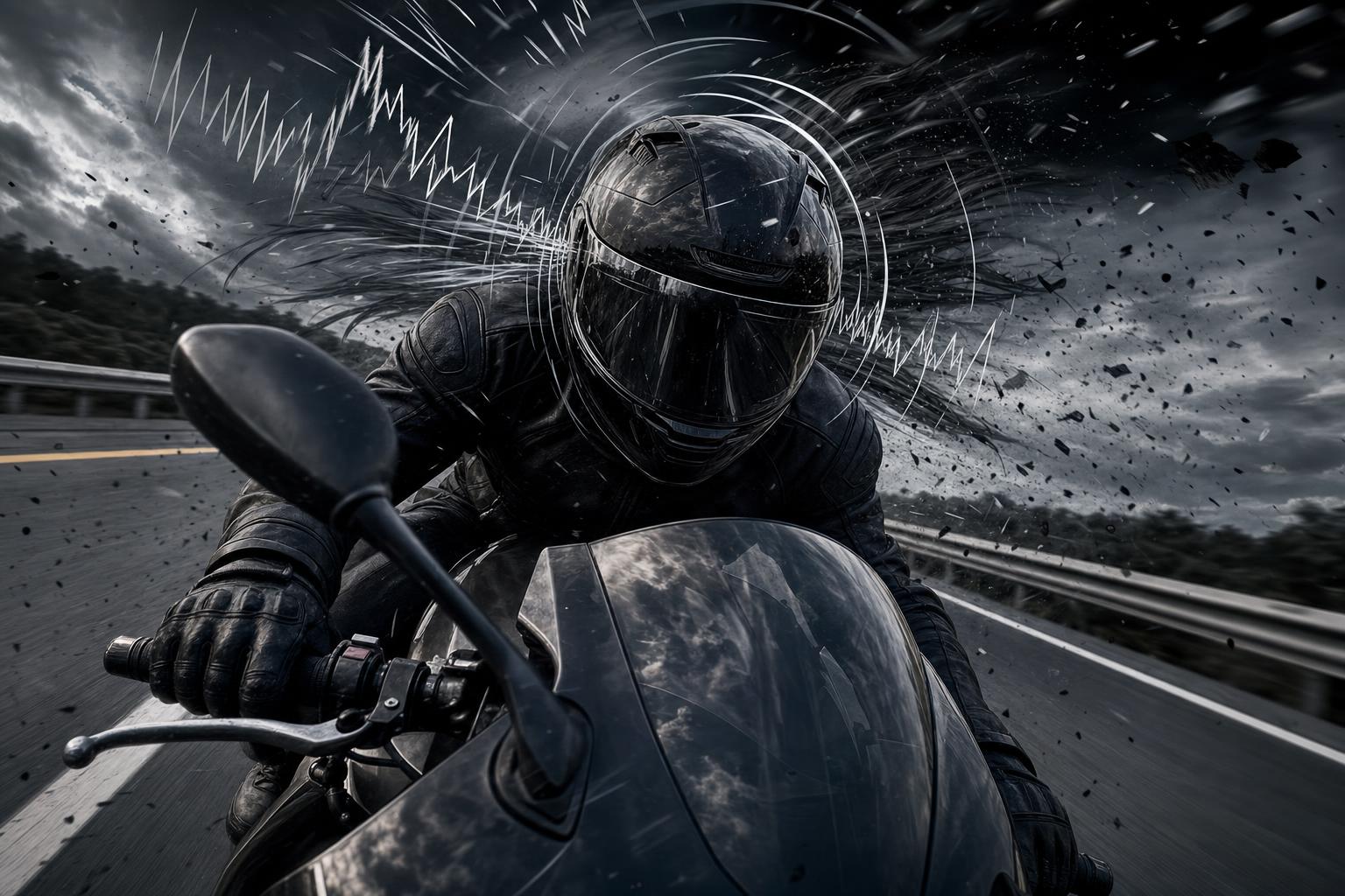 Motorcycle rider battling wind noise and road noise at highway speed