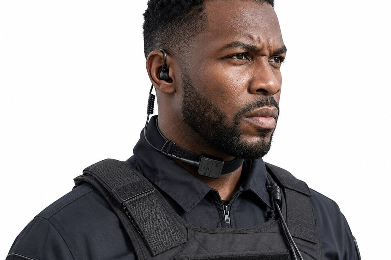 IASUS BMT correctly worn — module positioned to the left side of the neck, off the Adam's apple.