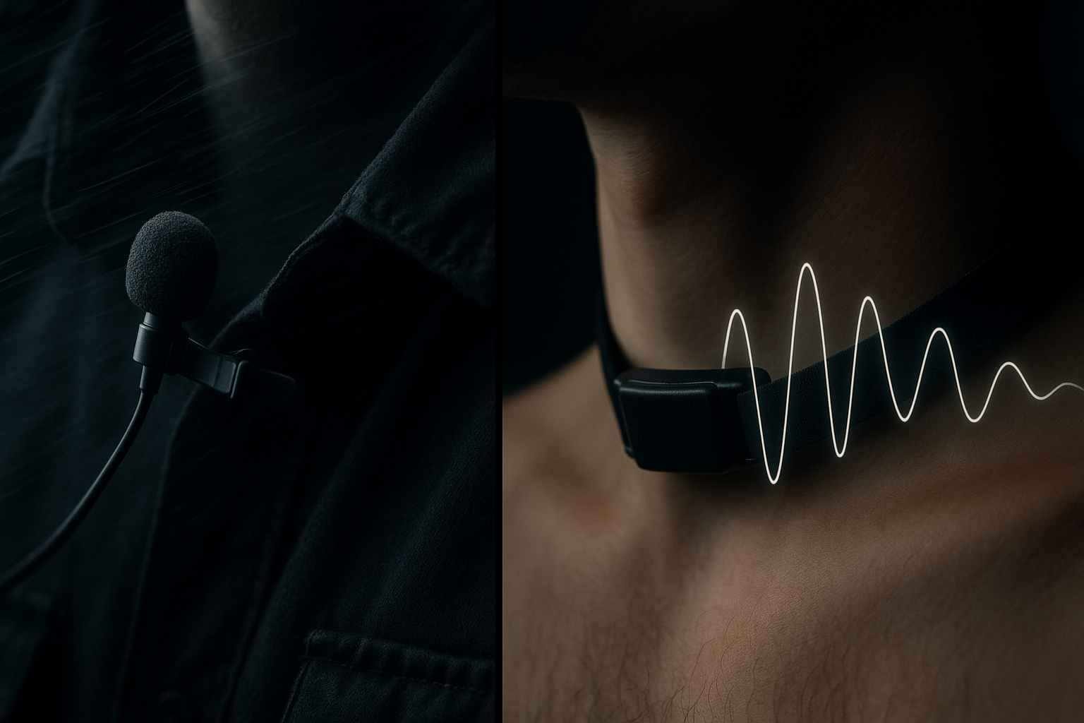 Left: lav mic battling wind. Right: throat mic reading directly from vocal cords.