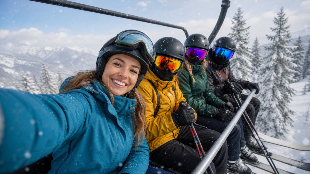 Winter riders in colorful gear taking a selfie on a chairlift wearing their helmets