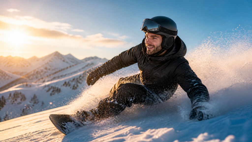 Skier riding through snowy mountains wearing a helmet with integrated XSound 2.1R speakers, audio glow visible on the helmet